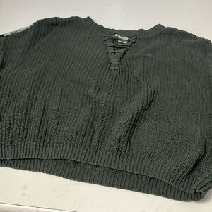 Kaisely Small Green Chunky Knit Cropped Long Sleeve V Neck Criss Cross Sweater